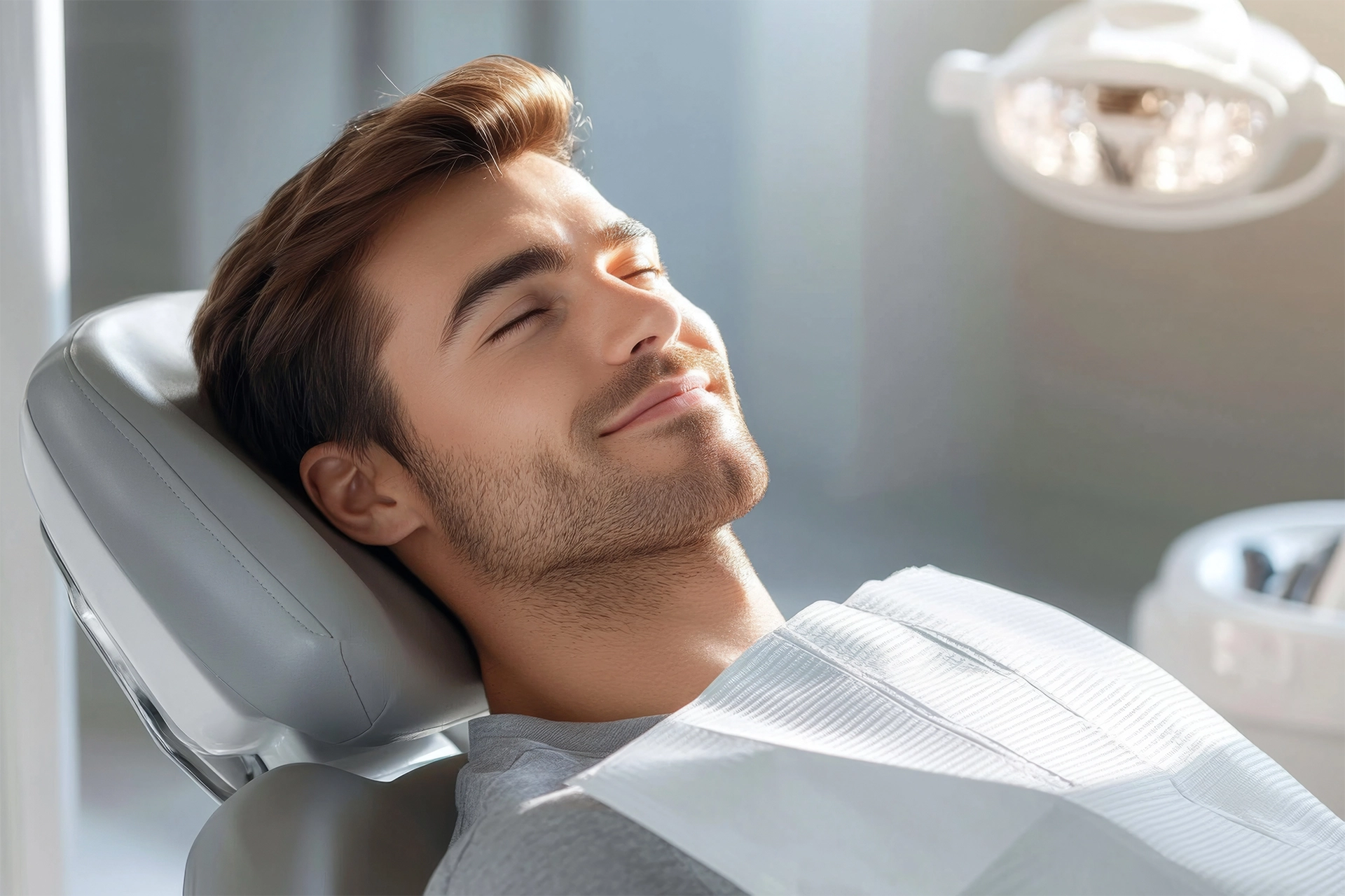 man comfortably relaxing in a dental chair man comfortably relaxing in a dental chair